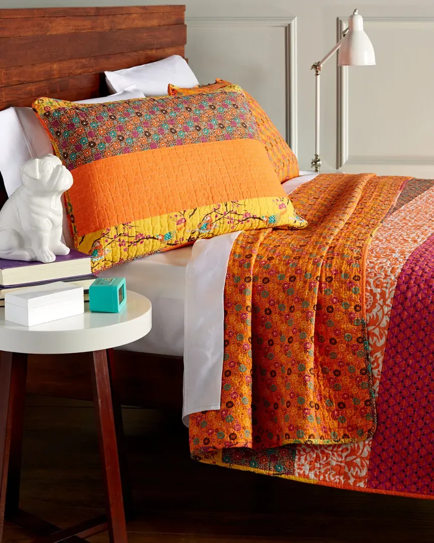 Floral Patch Cotton Quilt Set - Tangerine