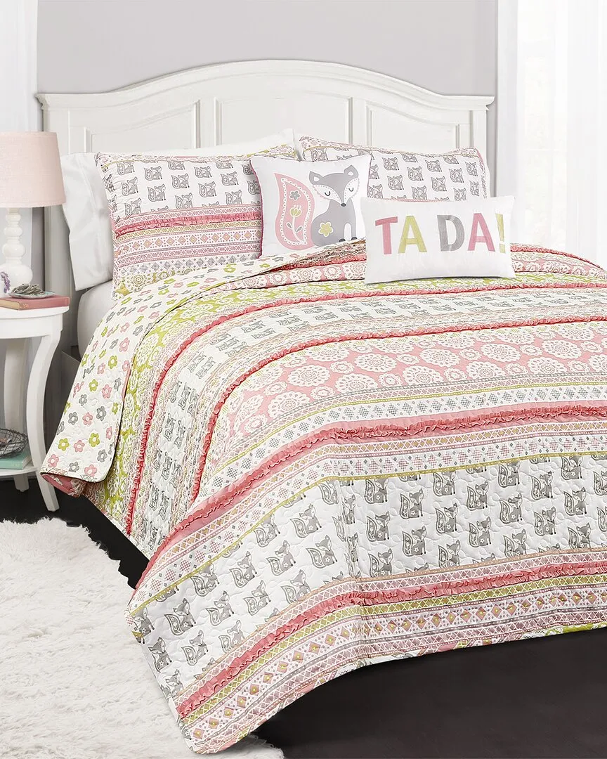 Fox Ruffle Stripe Quilt Set - Pink, Polyester