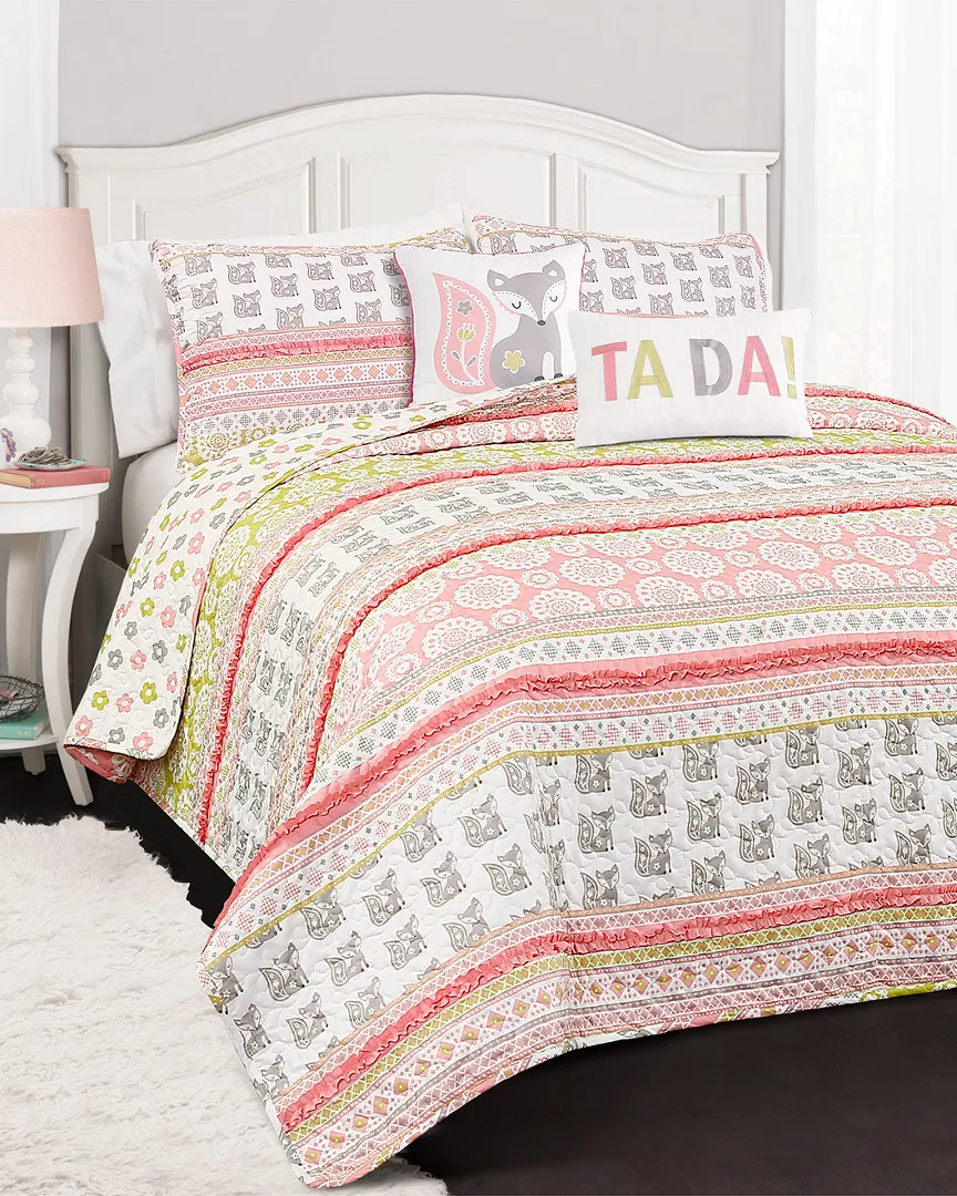 Fox Ruffle Stripe Quilt Set - Pink, Polyester image