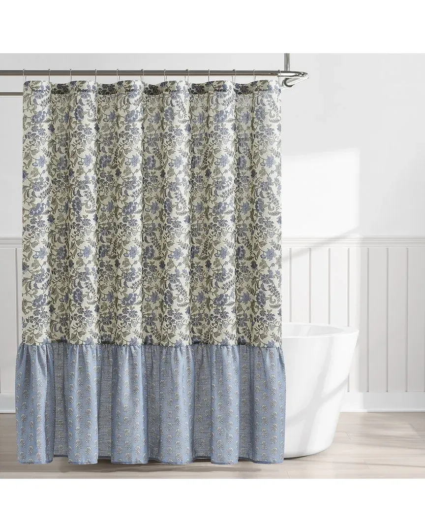 Lillian Block Print Linen Textured Shower Curtain - Blue image