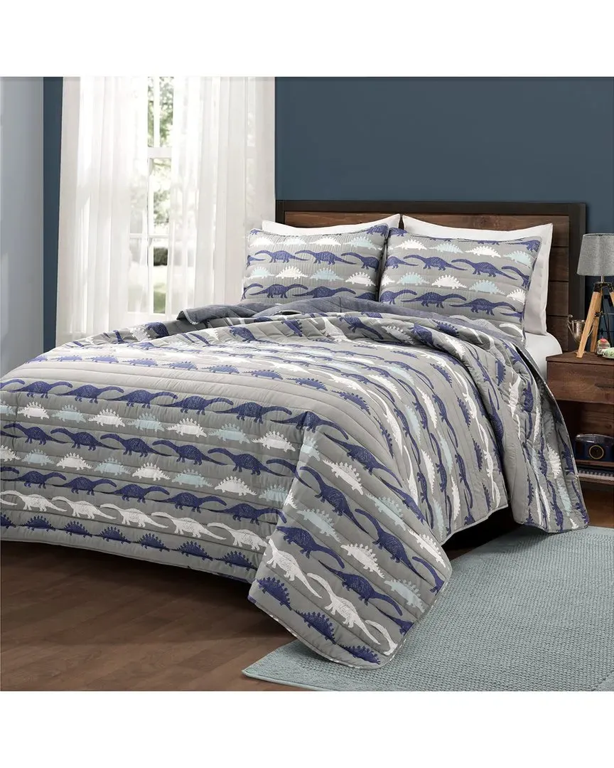 Make A Wish Stone Age Dinosaur Reversible Quilt - Navy image
