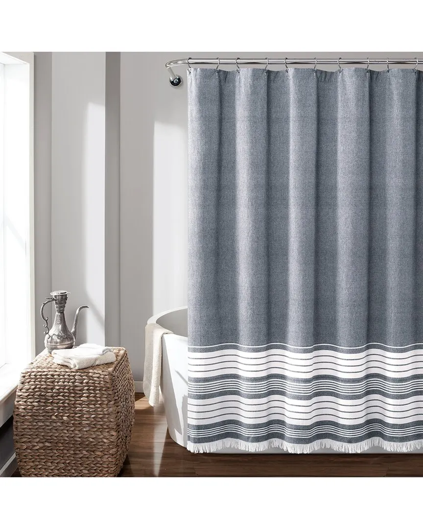 Nantucket Yarn Dyed Shower Curtain with Tassel Fringe - Navy, Cotton