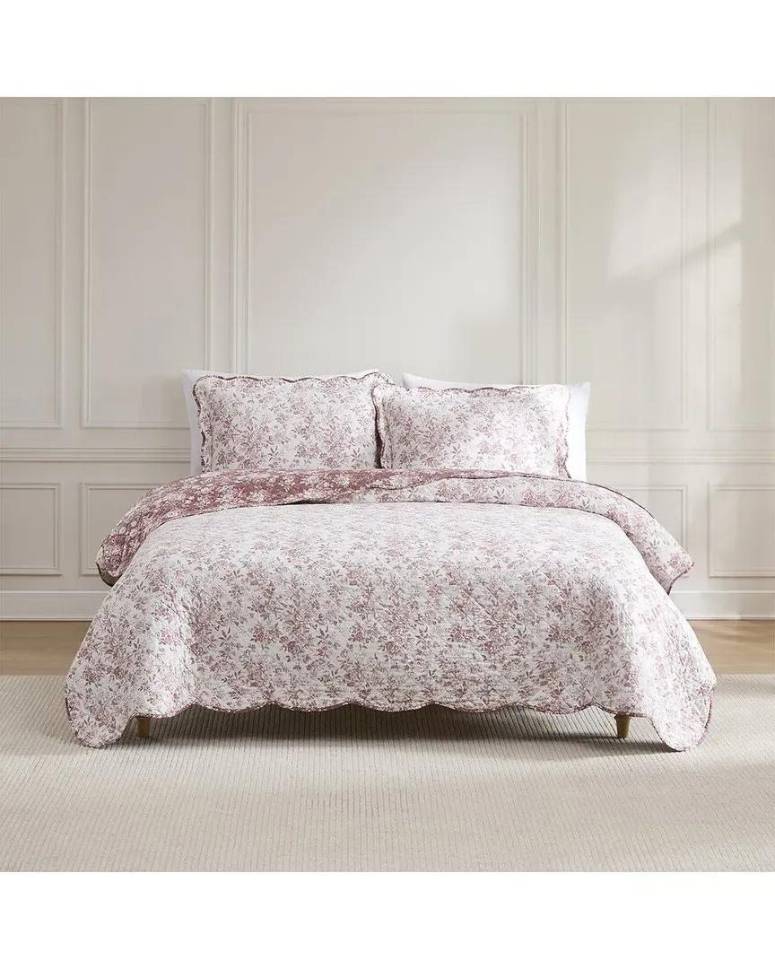 Peony Toile Reversible Cotton Quilt Set - Rosewood