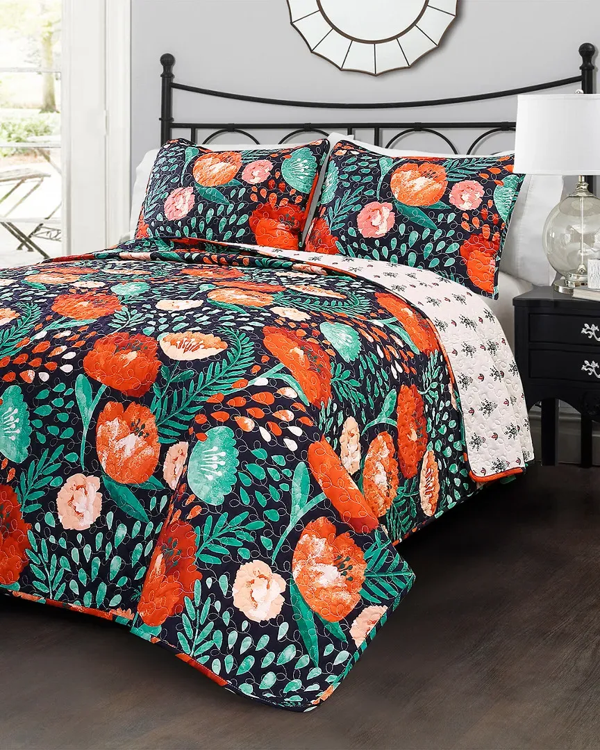 Poppy Garden Quilt Set - Navy, Cotton
