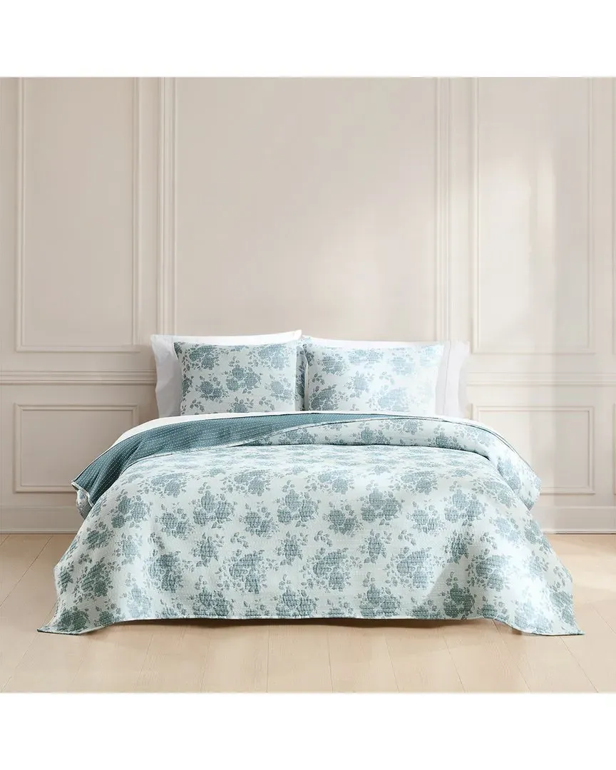 Rose Garden Pick Stitch Jacquard Coverlet Set - Blue