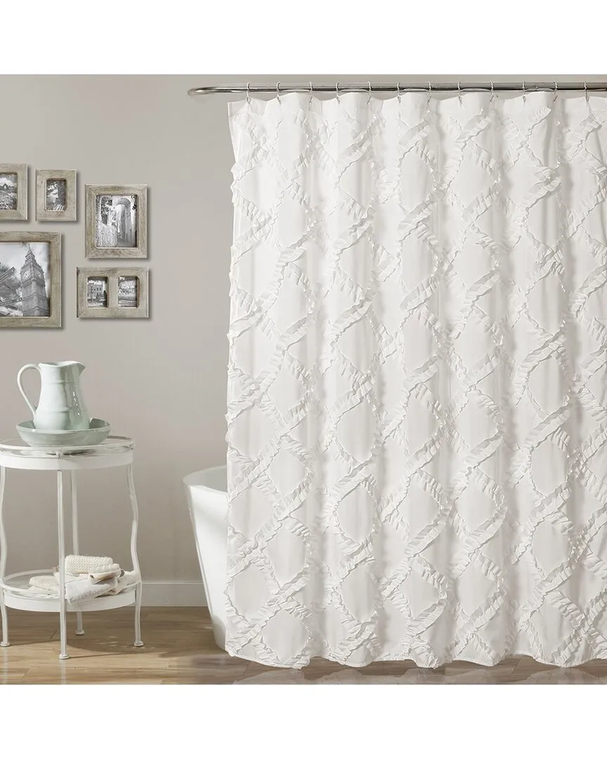 Ruffle Diamond Shower Curtain - White, Polyester
