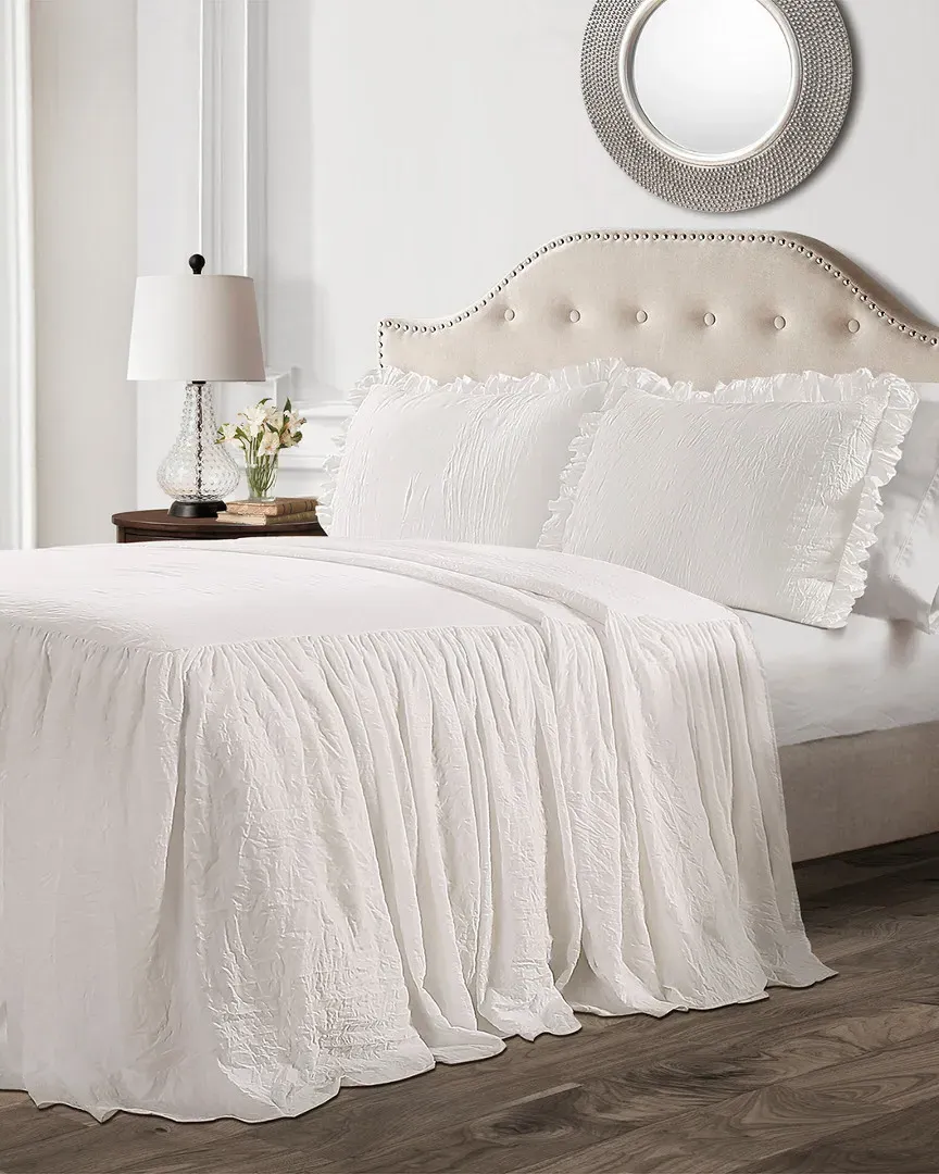 Ruffle Skirt Twin Bedspread Set - White, Polyester