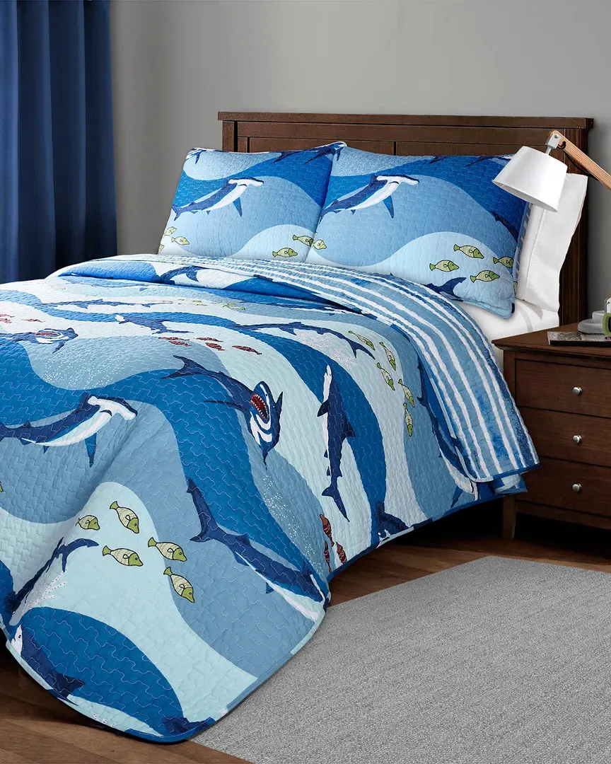Shark Allover Quilt 3pc Set - Blue, Cotton