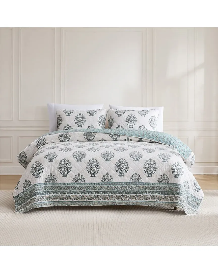 Sofia Flower Block Bouquet Reversible Cotton Quilt Set - Teal