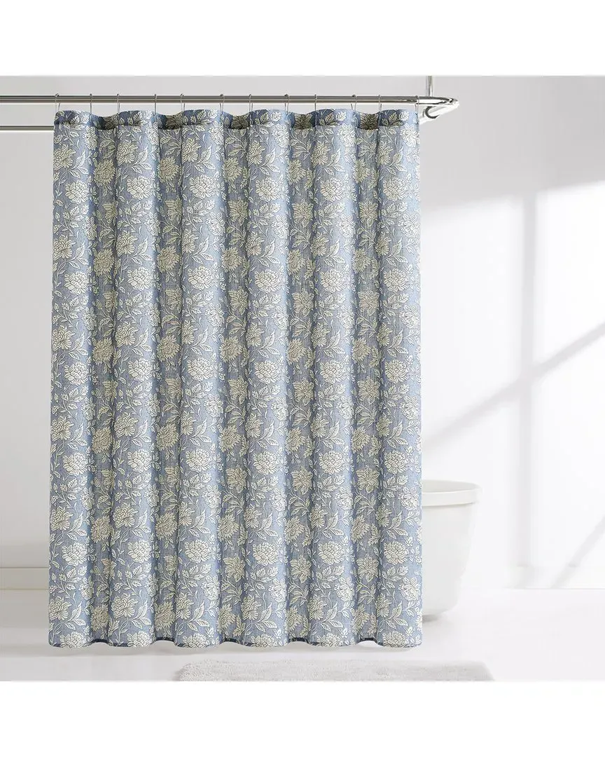 Zara Floral Block Shower Curtain - Blue, Linen Blend image