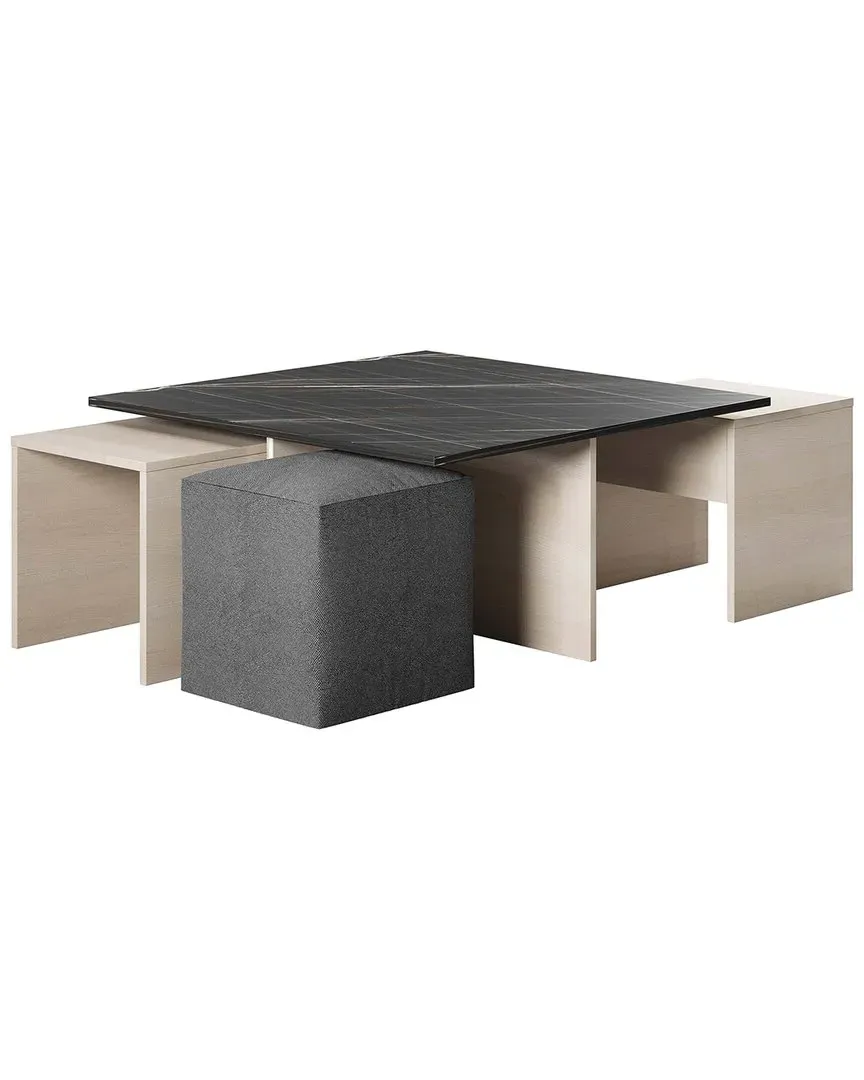 Haley Nested Coffee Table & Ottoman Set - White, Marble image