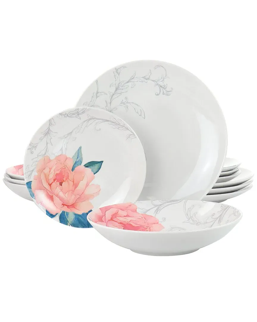 12-Piece Ceramic Floral Dinnerware Set - White image