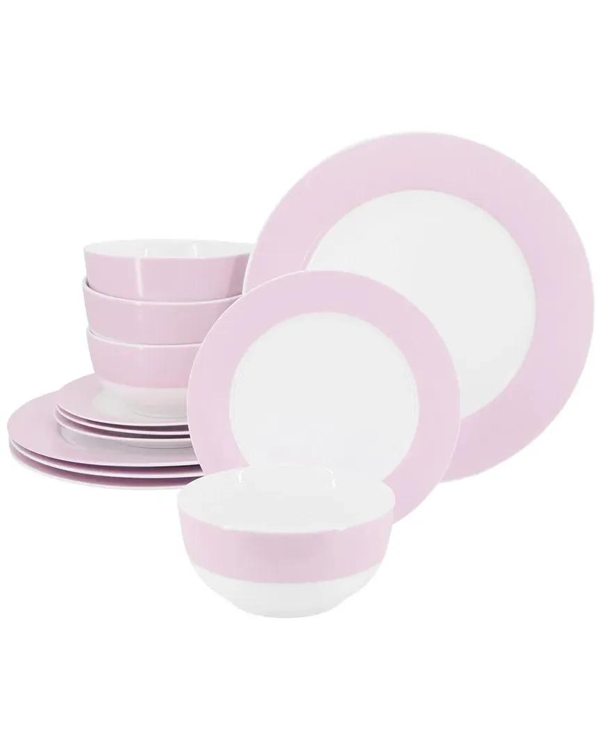 12pc Banded Fine Ceramic Dinnerware Set - Pink