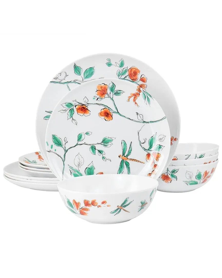 12pc Dragonfly Melamine Dinnerware Set - White