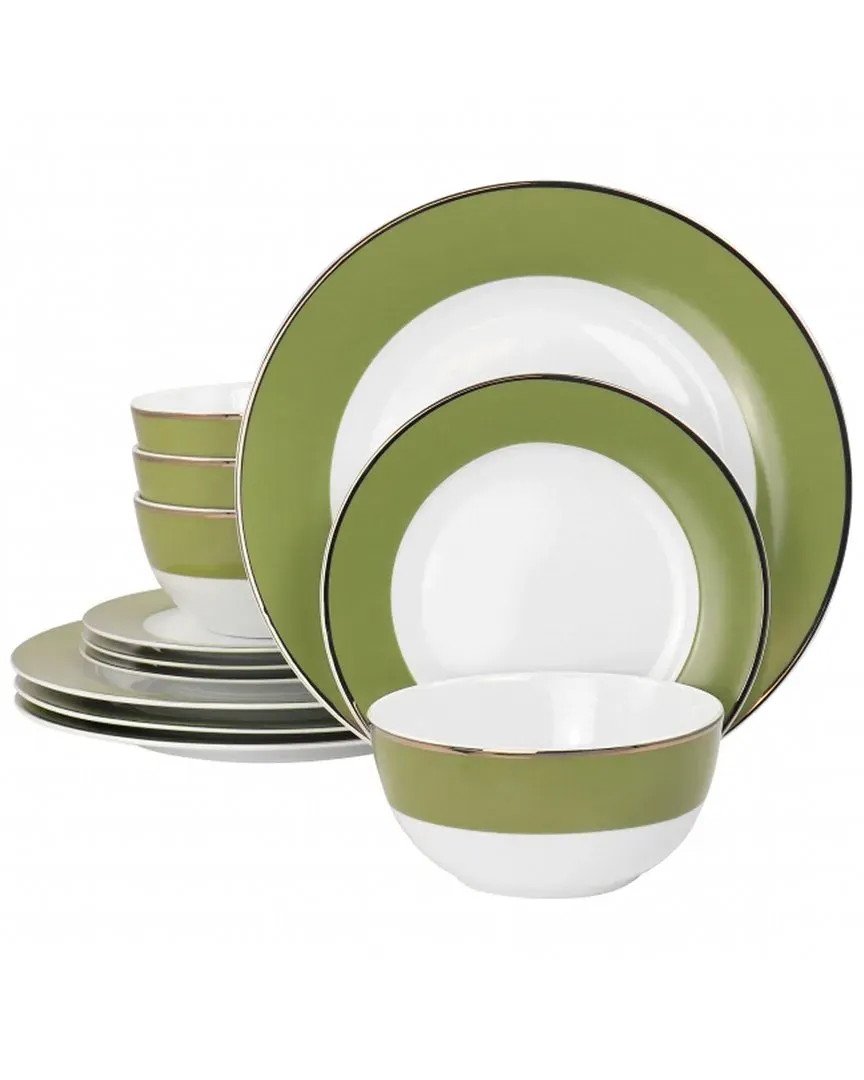 Gold Rimmed 12pc Dinnerware Set - Green, Ceramic image