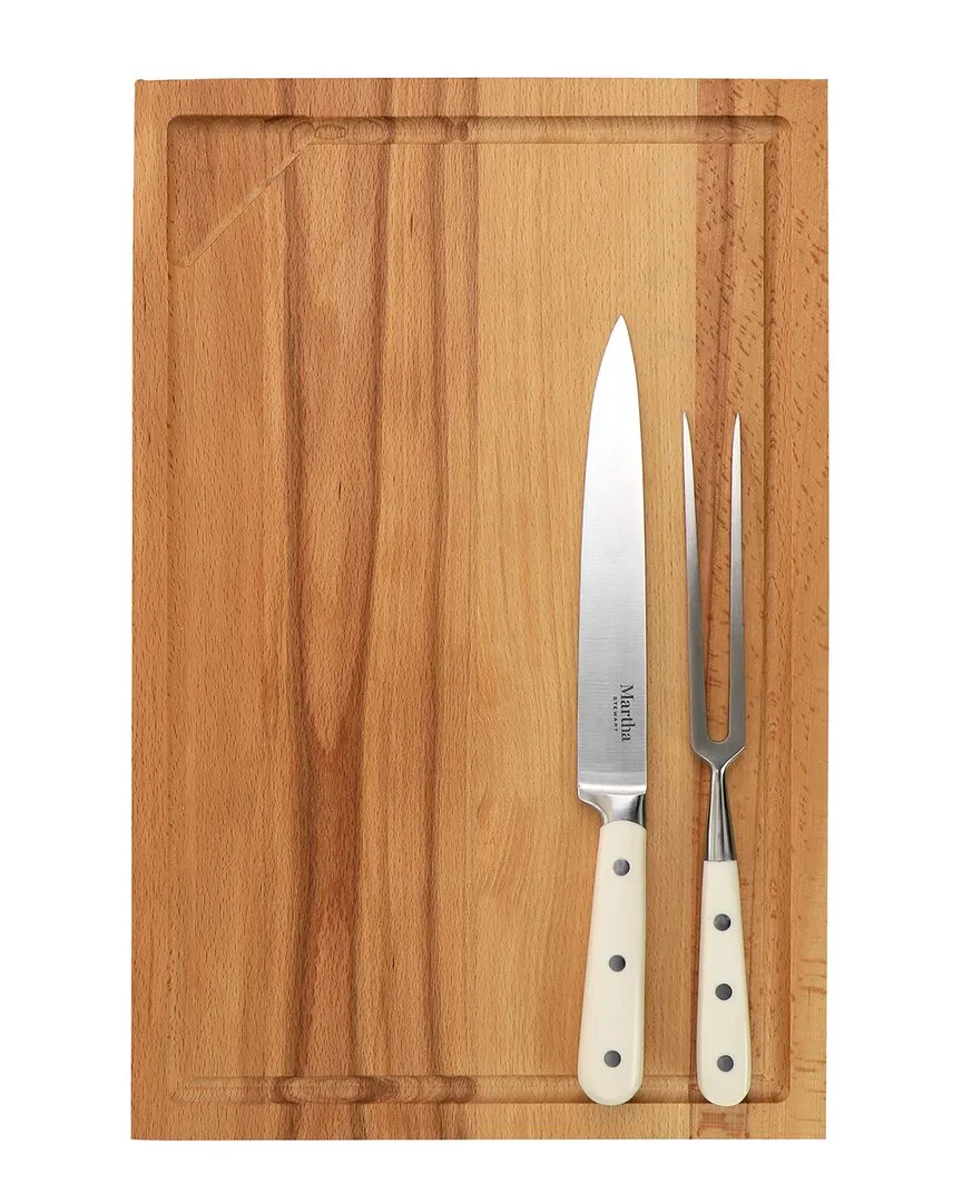 Goswell 3-Piece Carving Board and Cutlery Set - Cream, Beech Wood