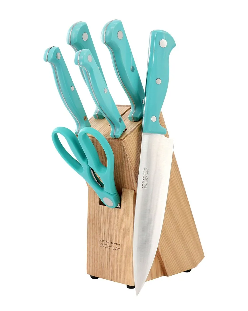 Keswick 7pc Cutlery Set with Wood Block - Teal, Stainless Steel