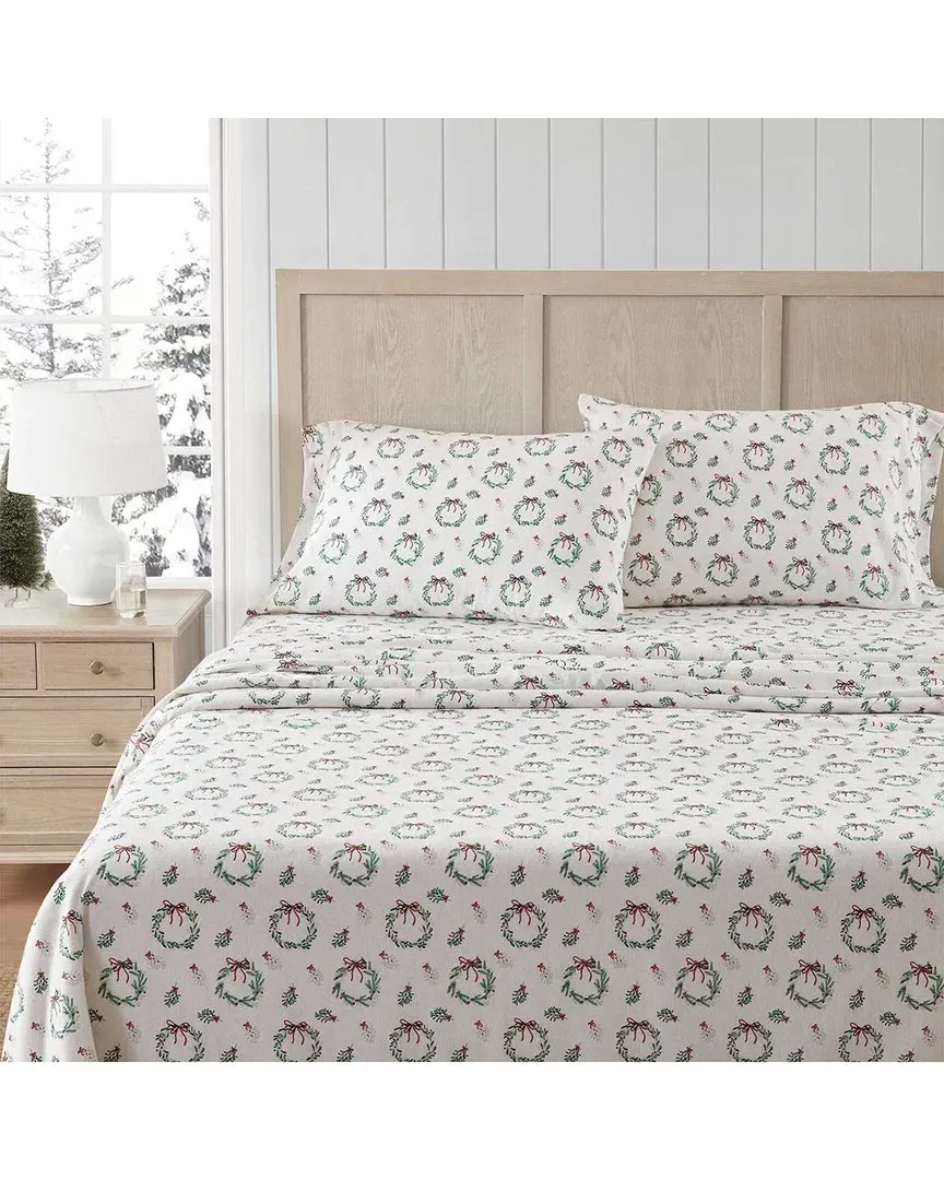 Wreaths & Mistletoe Cotton Flannel Sheet Set - White, Green image