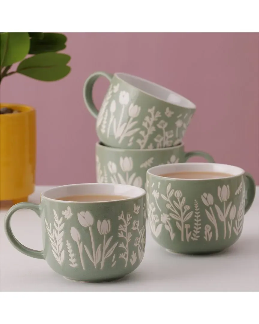 Set of 4 In The Meadow Tulip Mugs - Green, Stoneware