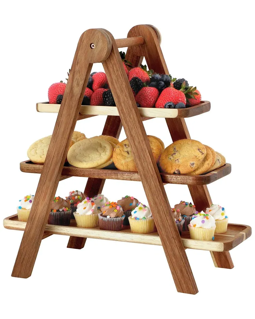 Acacia Wood 3 Tiered Rectangular Ladder Tray Set - Brown image