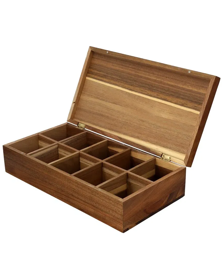 MegaChef 10 Compartment Tea Box - Dark Brown, Acacia Wood image
