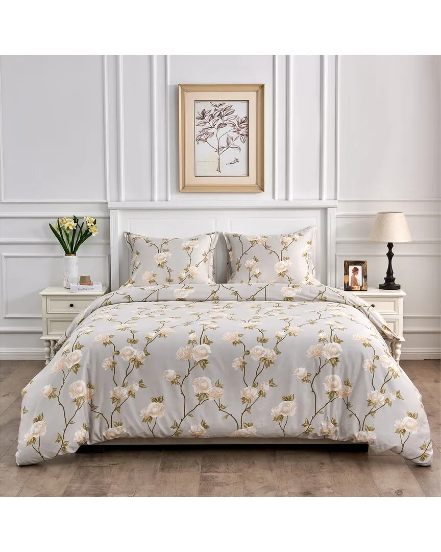 400TC Sateen Cotton Alabaster Rose Duvet Set - White