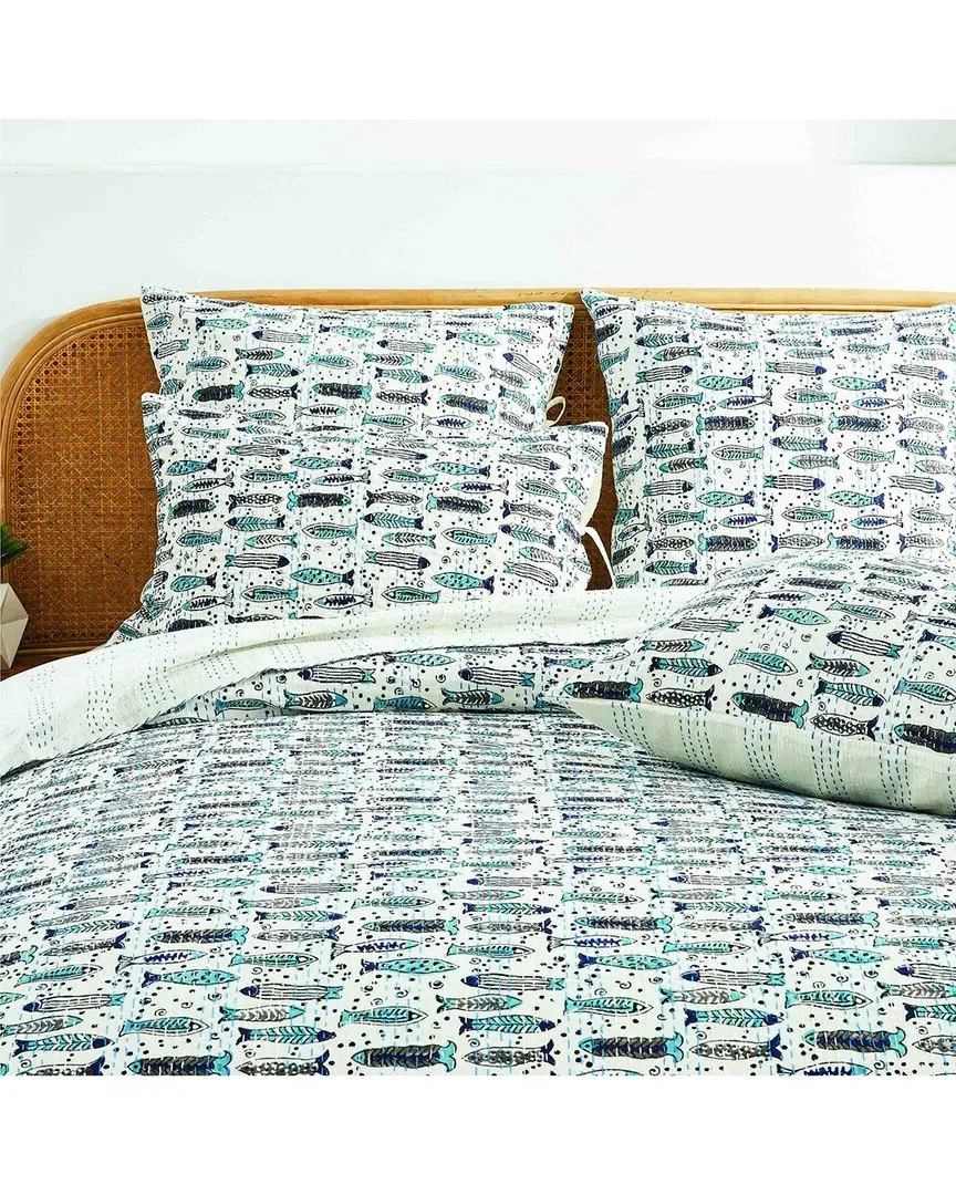 Hand-Stitched Fish Kantha Sham - Indigo, Cotton image