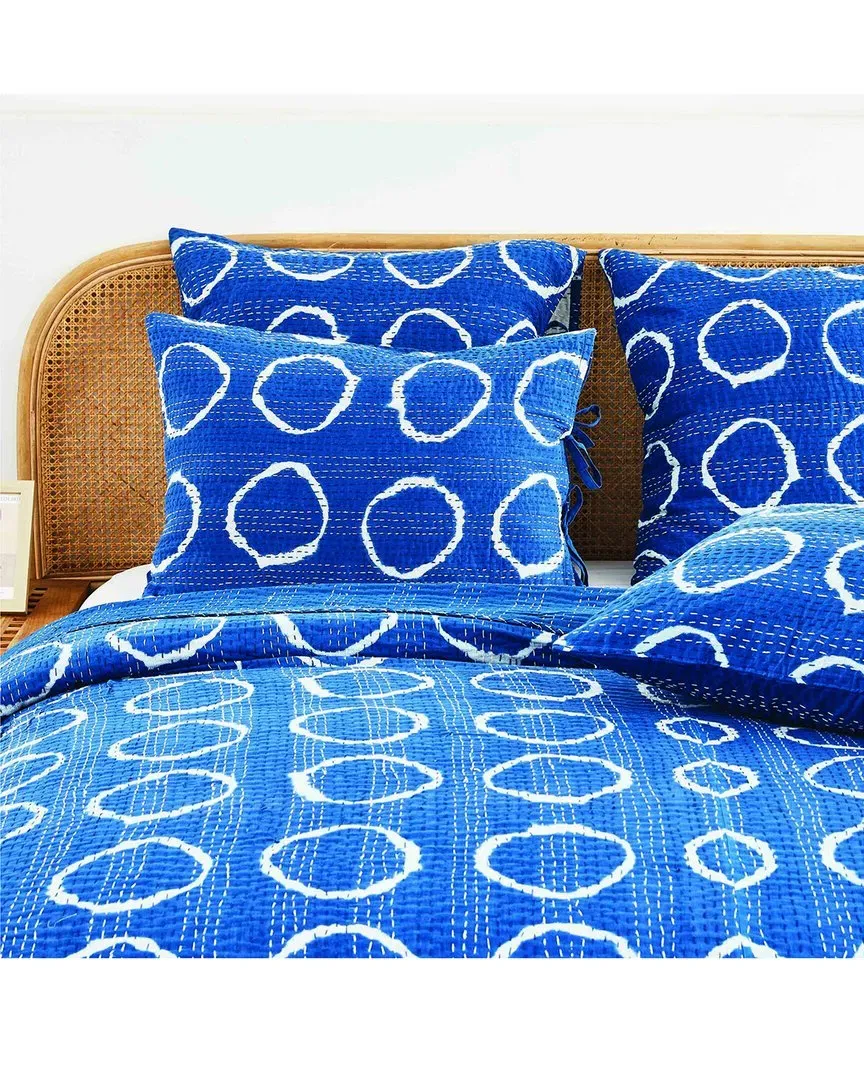 Hand-Stitched Floral Paisley Kantha Sham Set - Indigo, Cotton