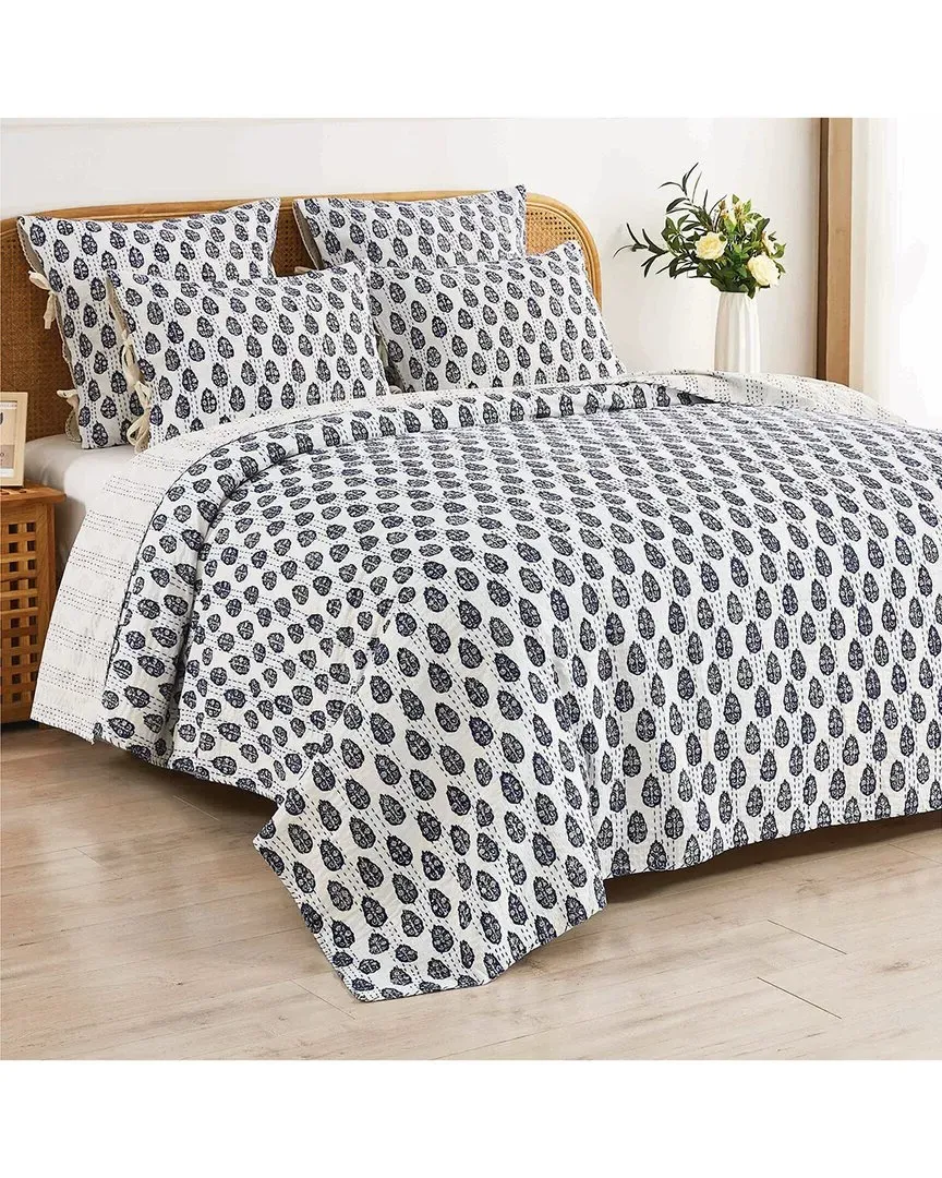 Hand-Stitched Floral Paisley Kantha Sham Set - Indigo, Cotton