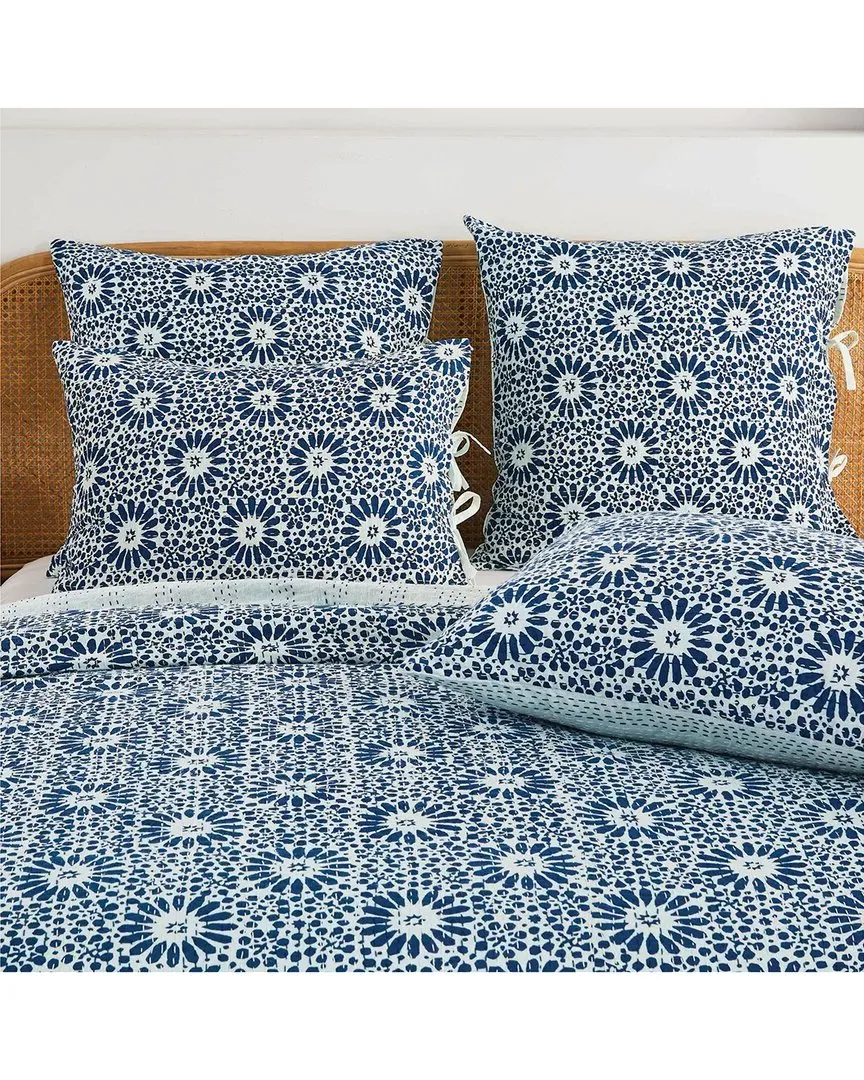 Hand-Stitched Flower Burst Kantha Sham Set - Indigo, Cotton