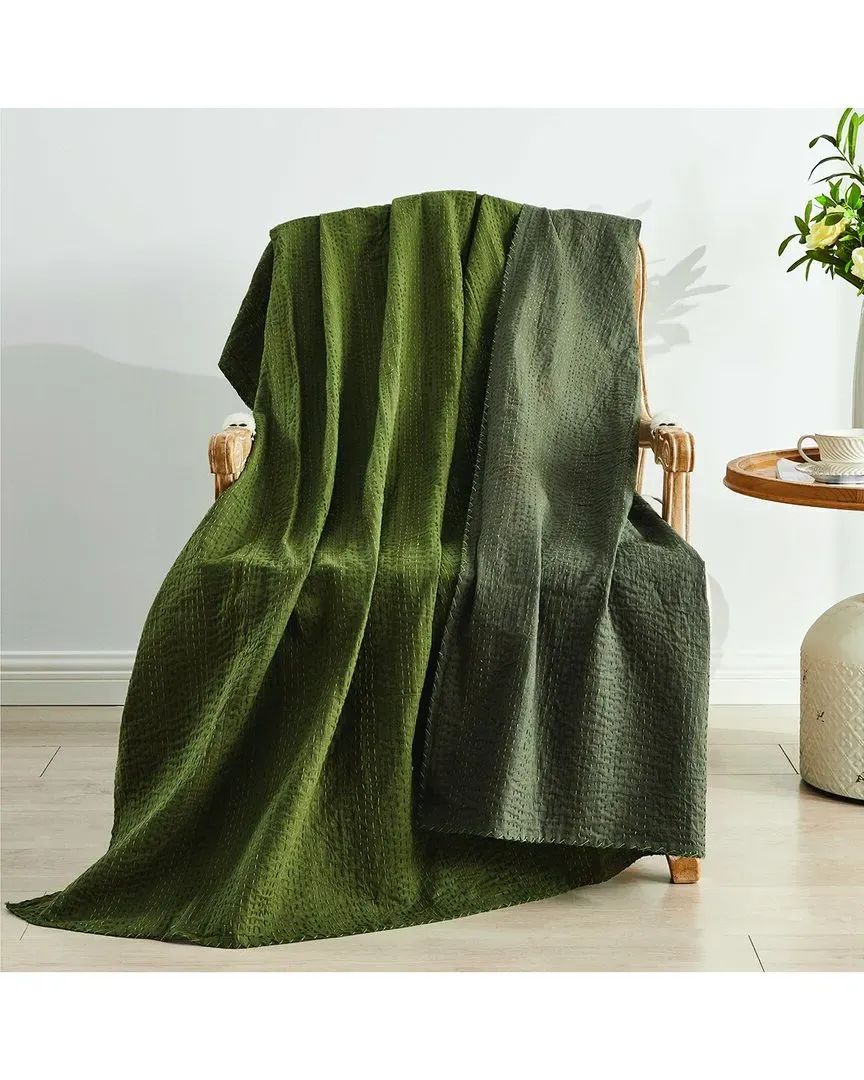 Hand-Stitched Scallop Kantha Throw - Forest & Olive, Cotton