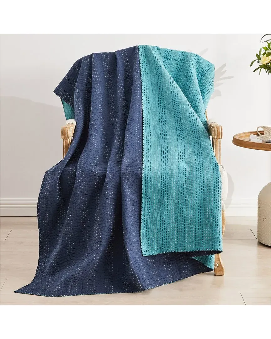 Hand-Stitched Scallop Kantha Throw - Navy & Teal, Cotton