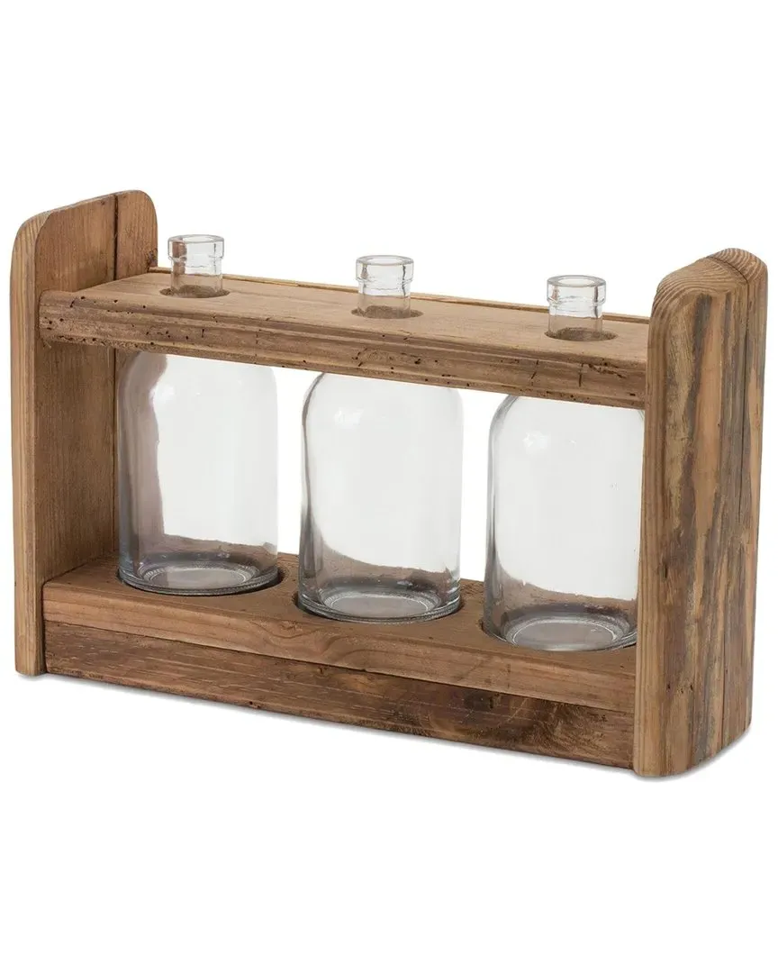 Triple Bottle Vases with Wood Stand - Brown, Pine image