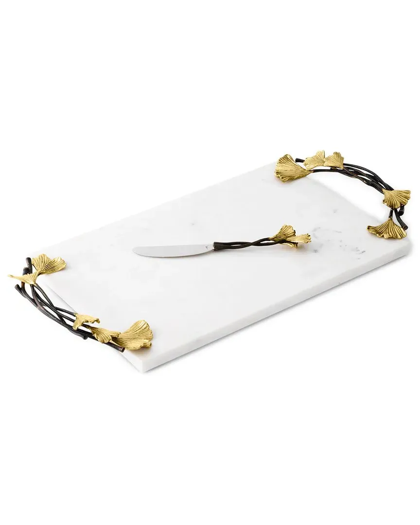Golden Ginkgo Large Cheeseboard with Knife - Stone, Brass