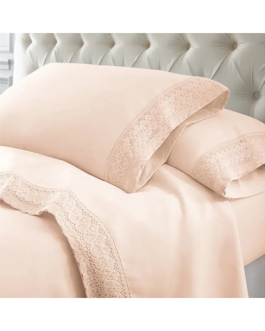 4pc Crochet Lace Microfiber Sheet Set - Blush image