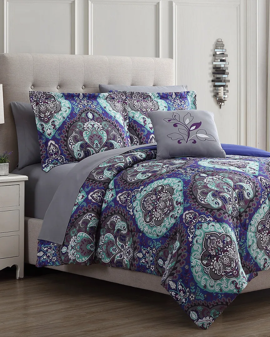 8-Piece Reversible Complete Bed Set - Purple/Teal/Grey