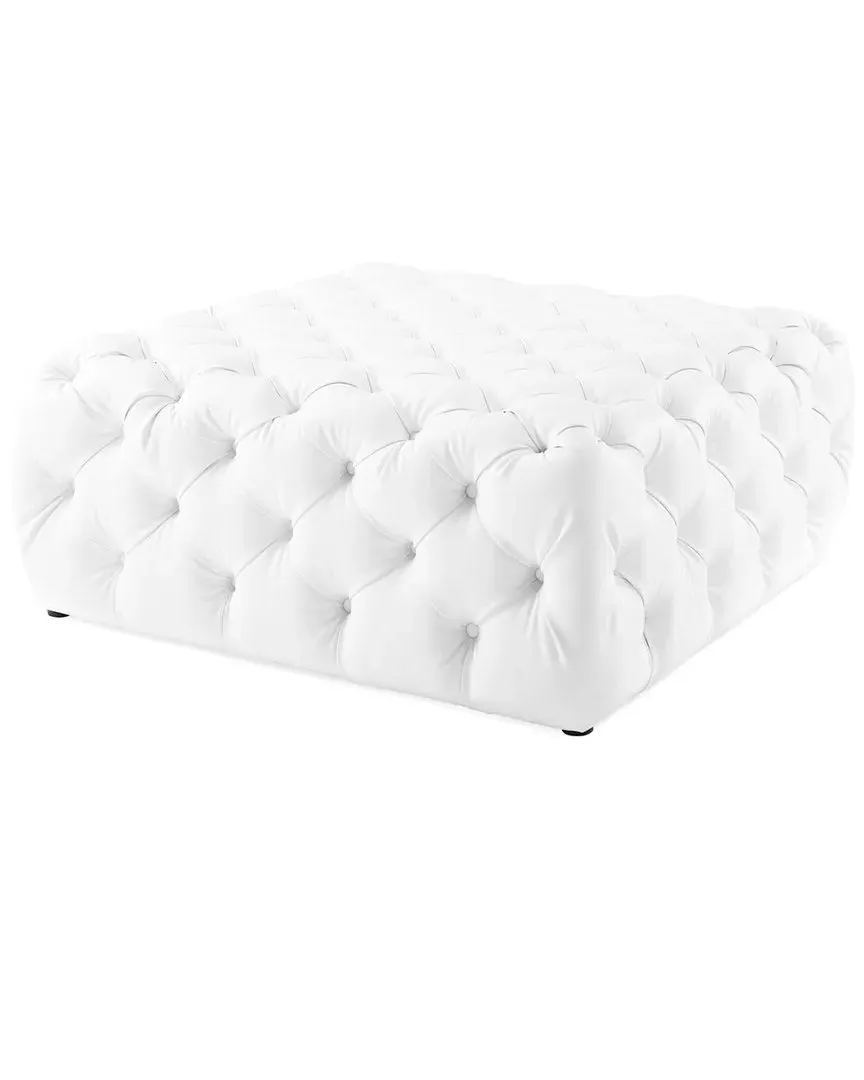 Amour Tufted Button Large Square Ottoman - White, Faux Leather