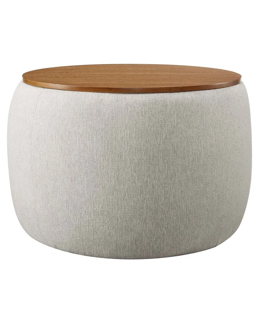 Perla Round Storage Ottoman with Lid - White, Fabric