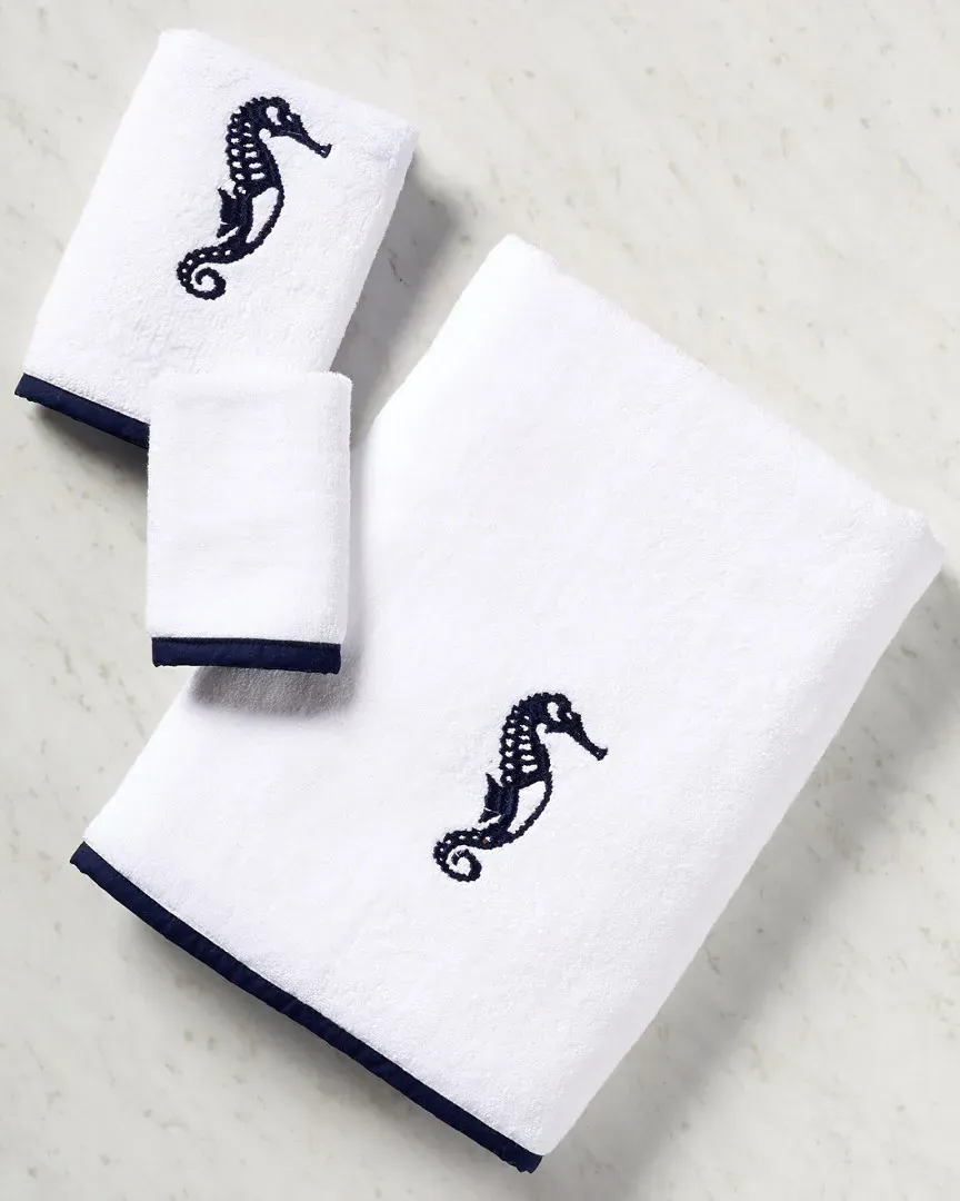 Seahorse 3pc Towel Set - White/Navy, Terry Cotton