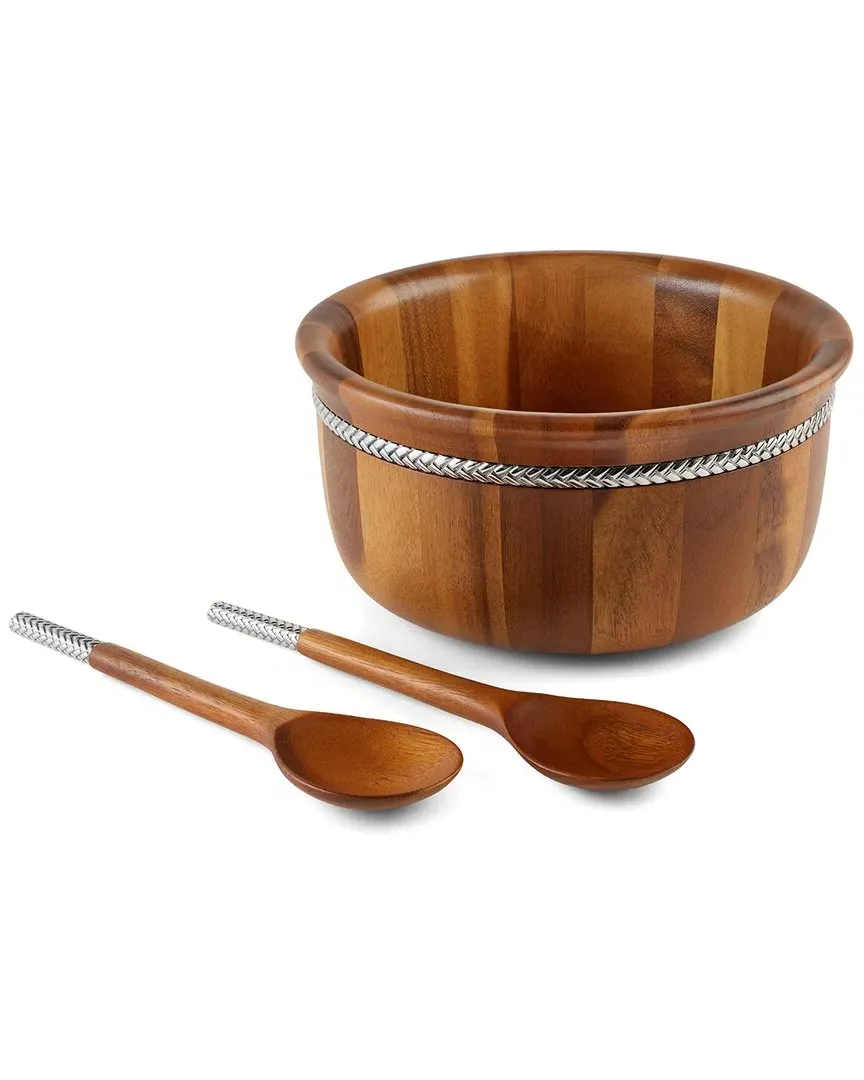 Braid Round Salad Bowl with Servers - Brown, Acacia Wood image