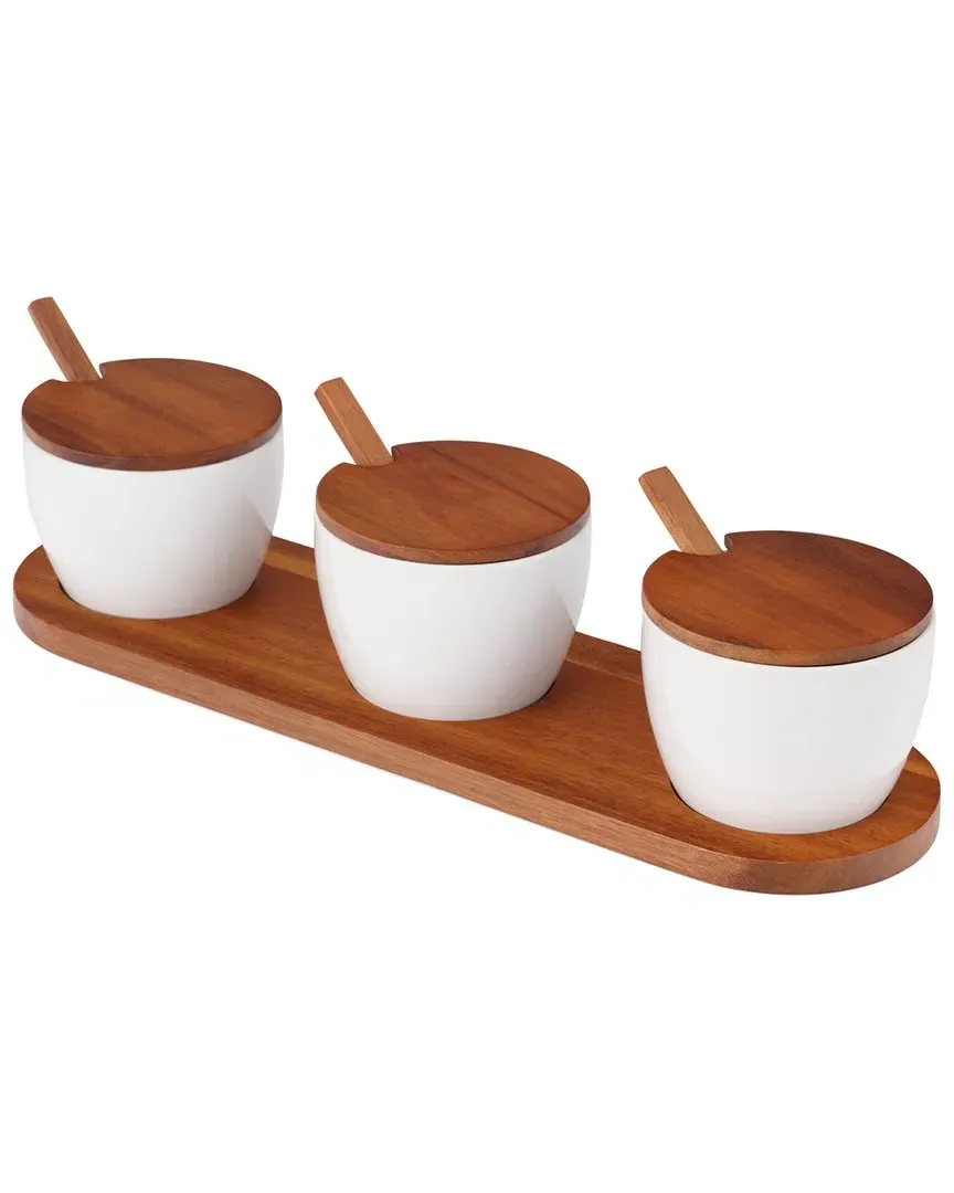 Duets Triple Condiment Server with Lids - Brown, Acacia Wood image