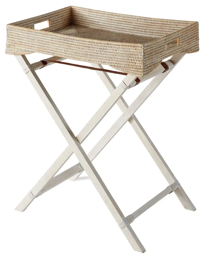 Burma Rattan Butler Tray Table with Foldable Legs - White