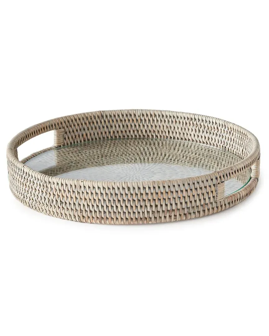Burma Round Serving Tray with Glass Insert - Gray, Rattan image