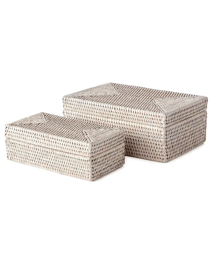 Burma Set of 2 Rectangular Lidded Boxes - White, Rattan image