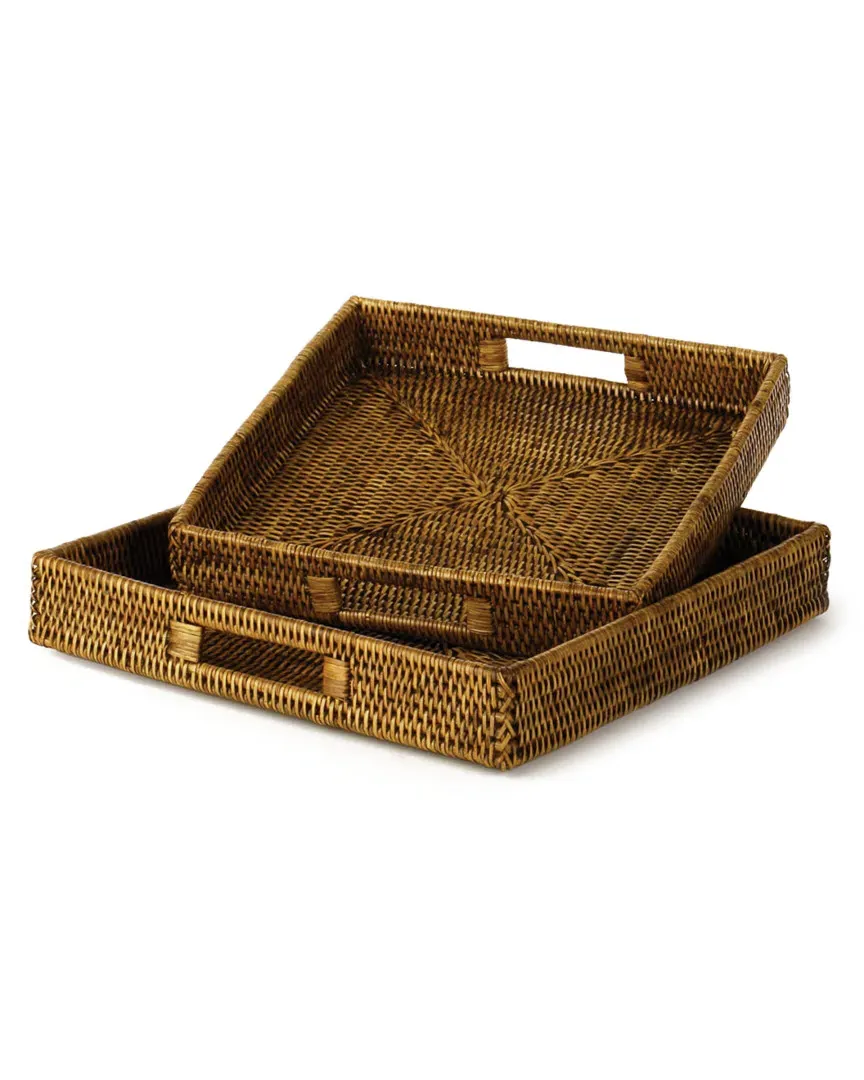 Set of 2 Burma Square Table Trays - Warm Brown, Rattan