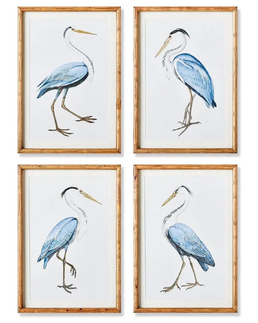 Set of 4 Blue Heron Prints - Beige, Fir Wood