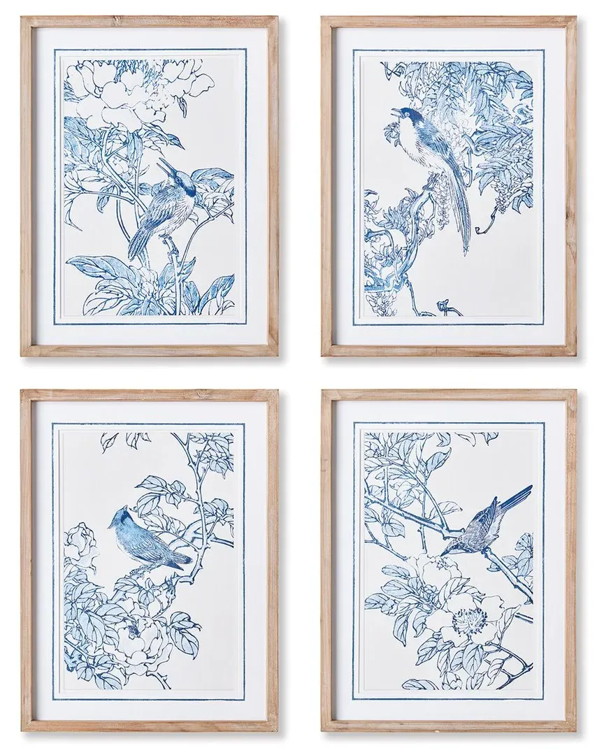 Set of 4 Monochromatic Bird Study Wall Art - Fir Wood