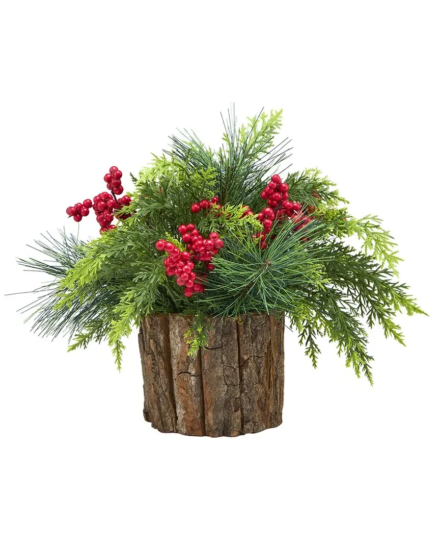 11in Feel-Real Christmas Greenery in Wood Pot - Green image
