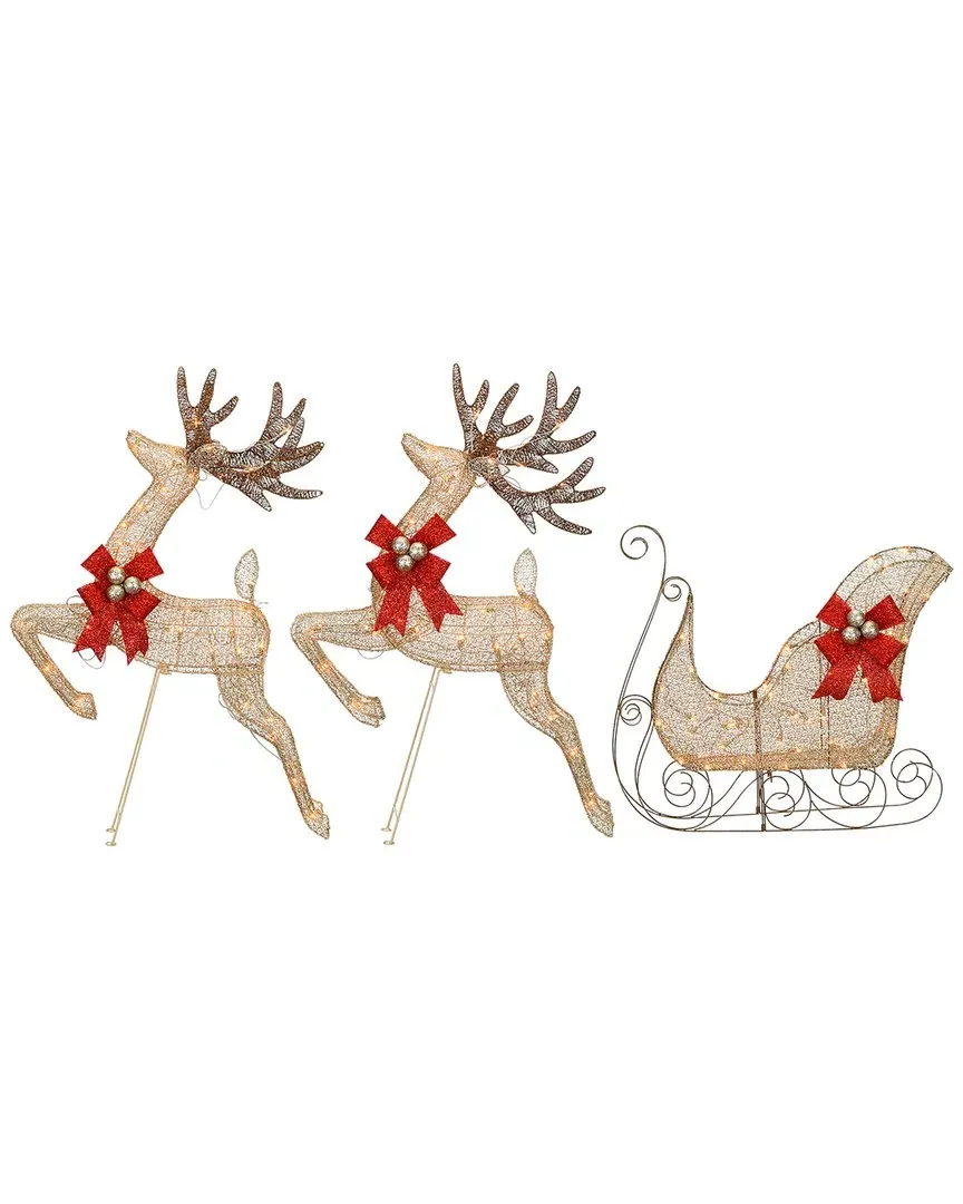 Reindeer & Sleigh with Clear Lights - Gold image