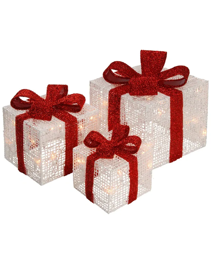 Set of 3 Thread Gift Boxes with Lights - Metal, Linen image